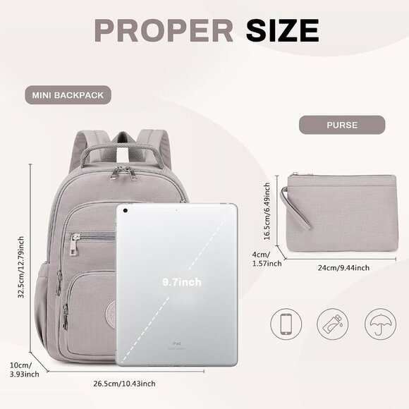 Mini Backpack for Women Gray 2PCS Water Resistant Compact Travel Purse - Picture 3 of 9